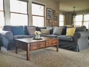 Living Room with Ikea Ektorp Sofa, Rustic wood coffee table, World Market