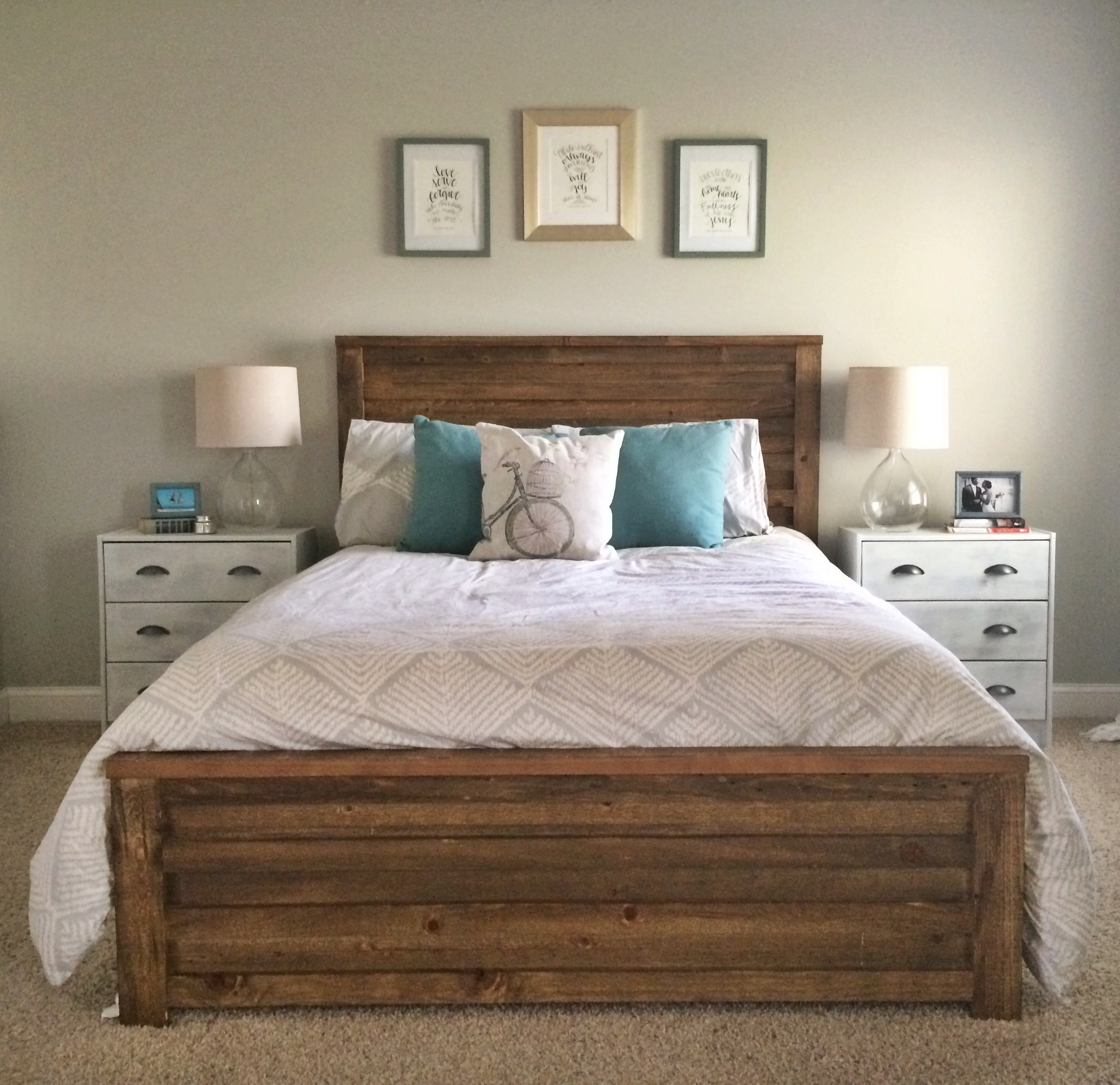 Behr Dolphin Fin Bedroom, Rustic Wood Bed, Gray Painted Dresser, West Elm Comforter