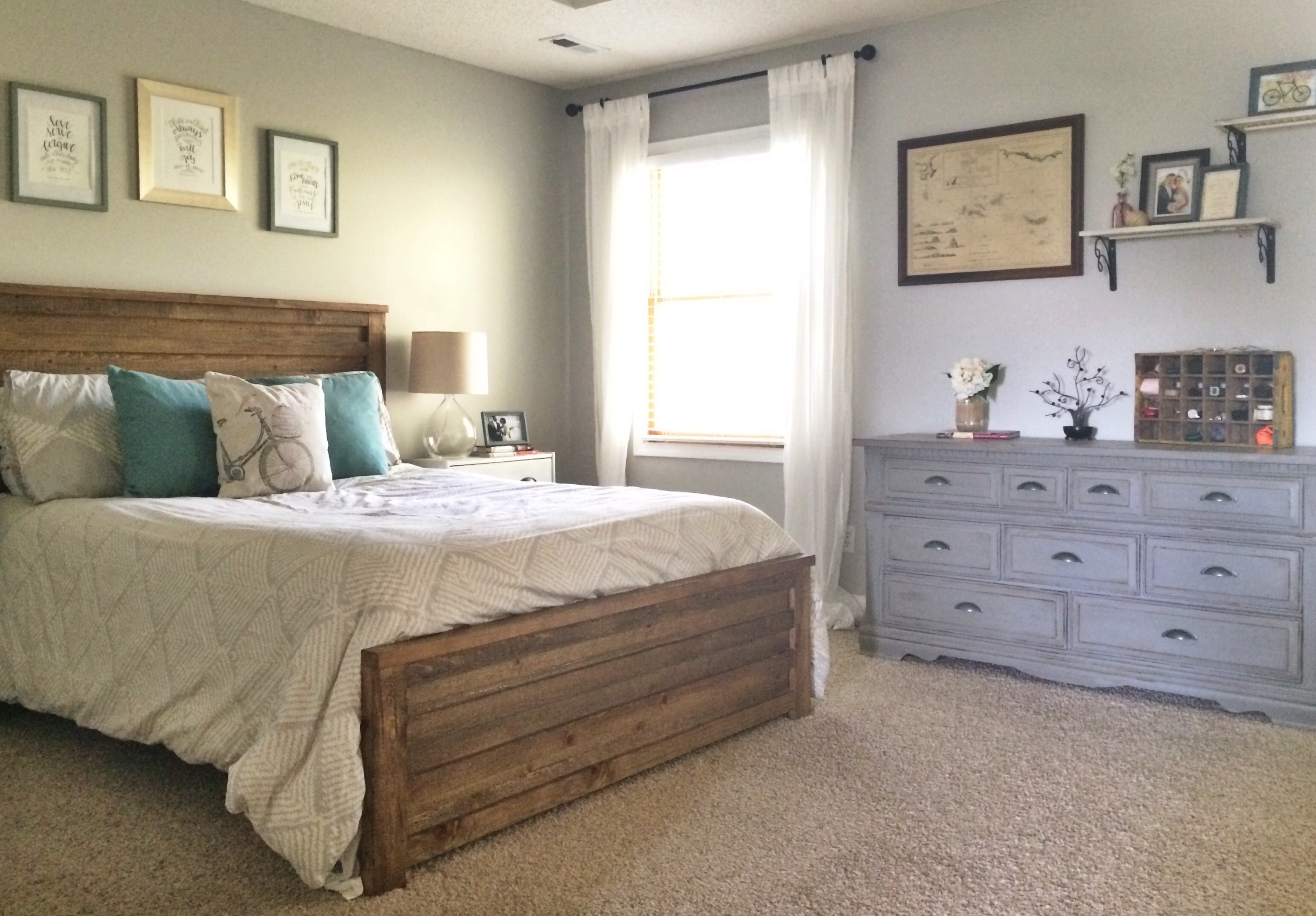 Behr Dolphin Fin Bedroom, Rustic Wood Bed, Gray Painted Dresser, West Elm Comforter