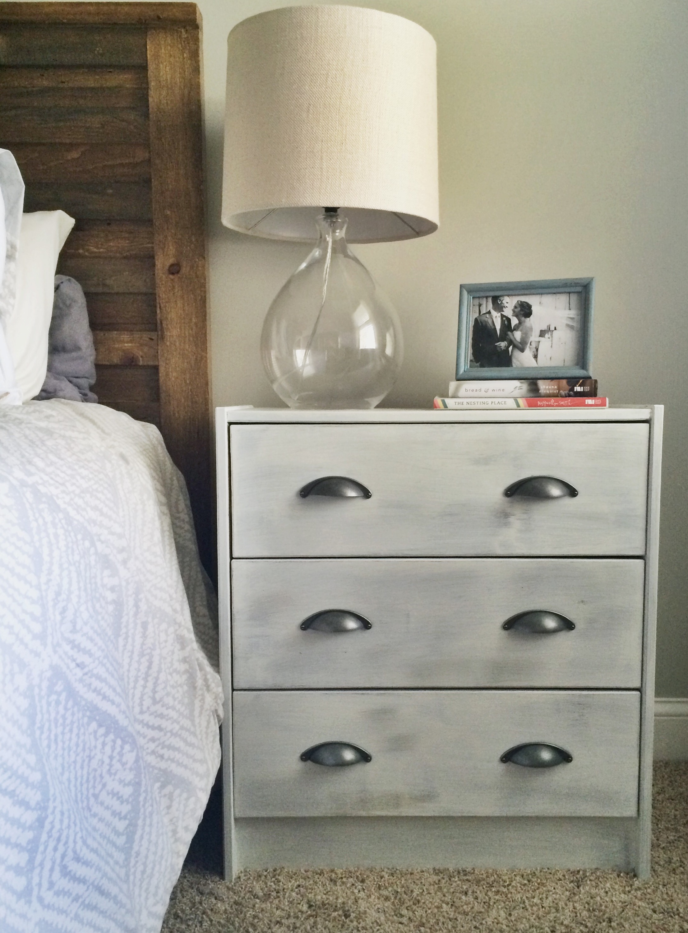 Behr Dolphin Fin Bedroom, Rustic Wood Bed, Gray Painted Dresser, West Elm Comforter, Ikea Rast Hack Nighstands