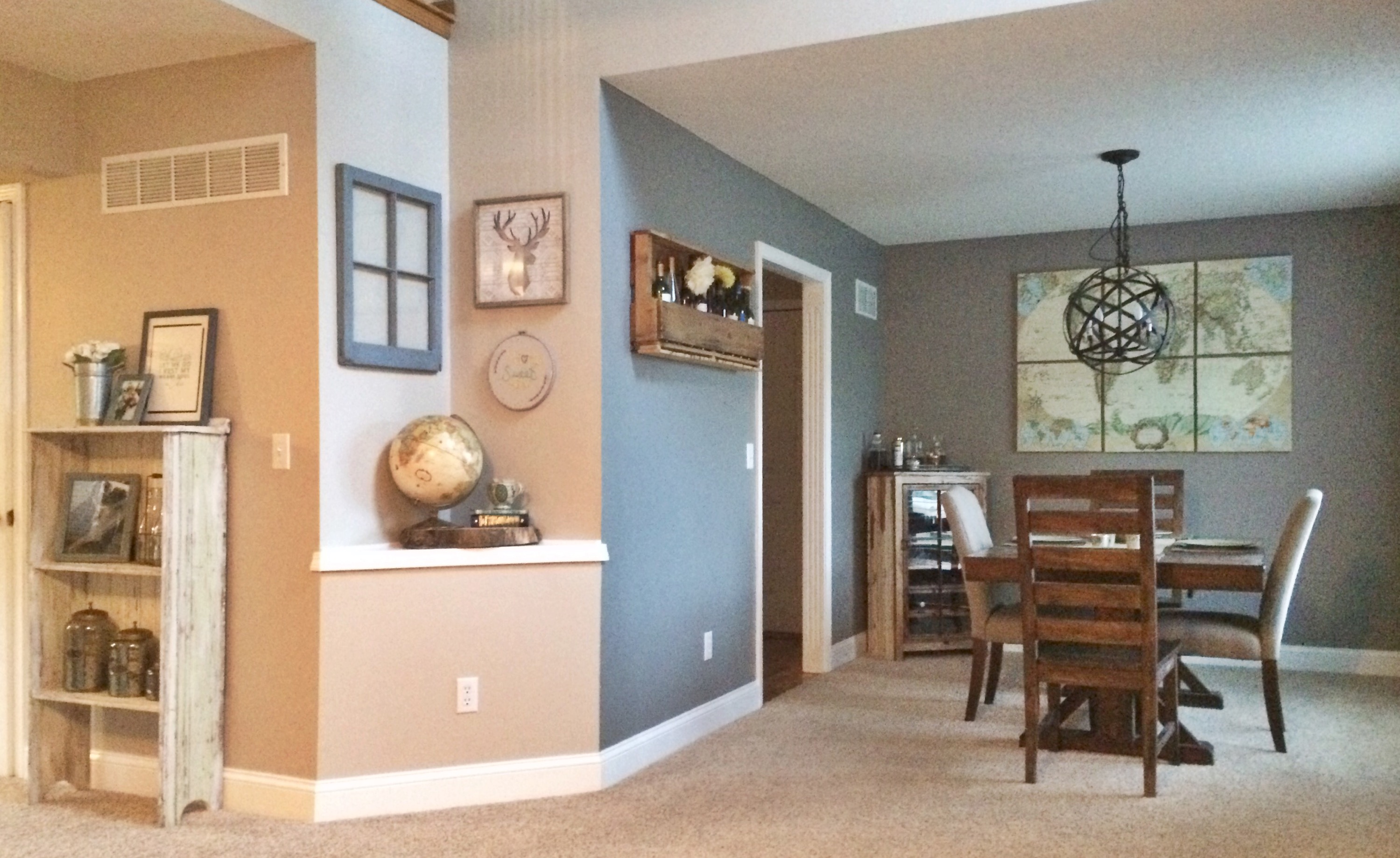 Gray Dining Room, Maps, Orb Chandelier, Rustic Chic Decor