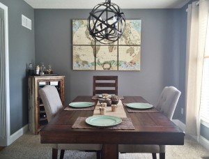 Sobremesa Stories Blog - Behr Anonymous Gray Dining Room with rustic wood table, world map, metal orb chandelier