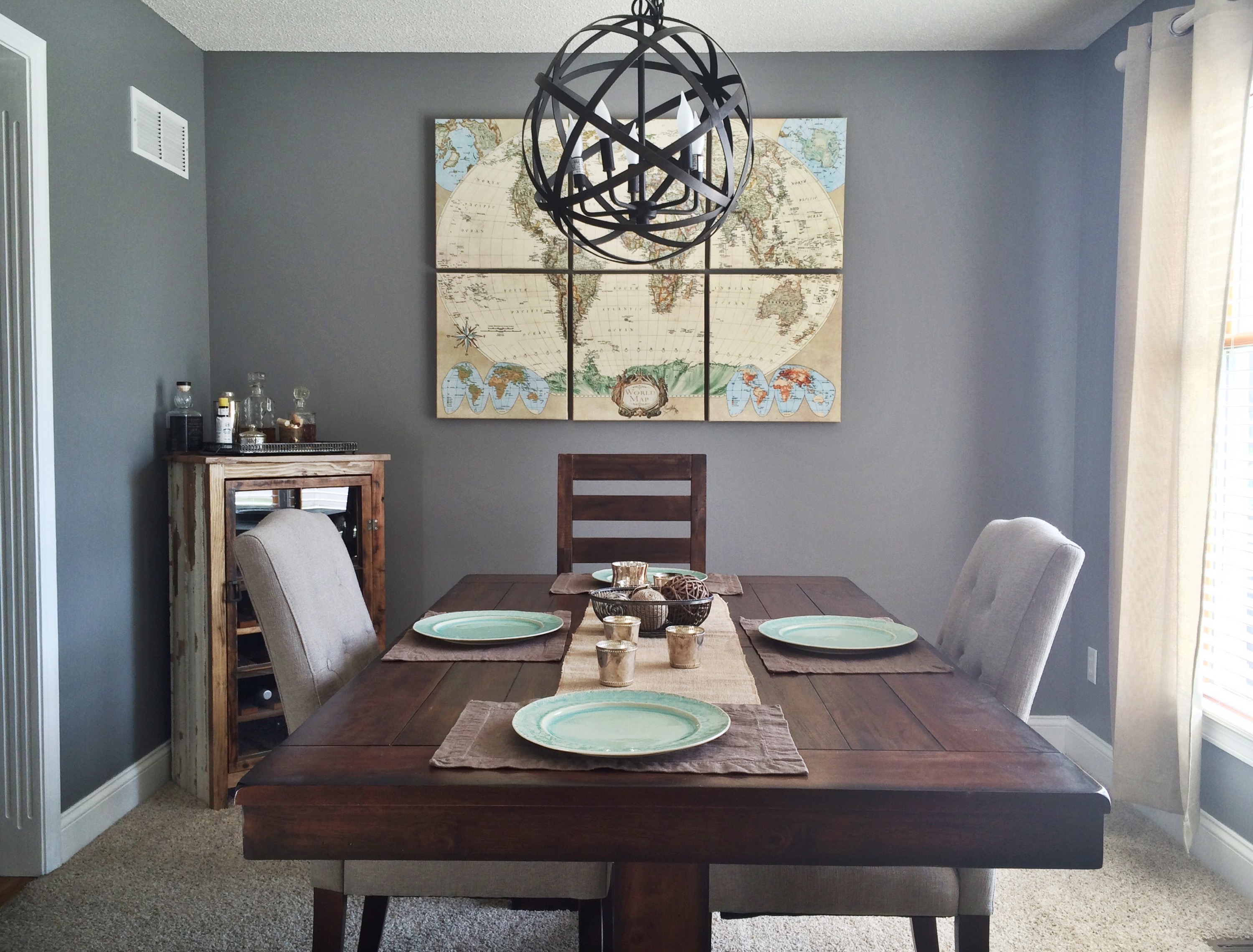 Gray Dining Room With Maps, Rustic Wood Table World Market, Metal Orb Chandelier