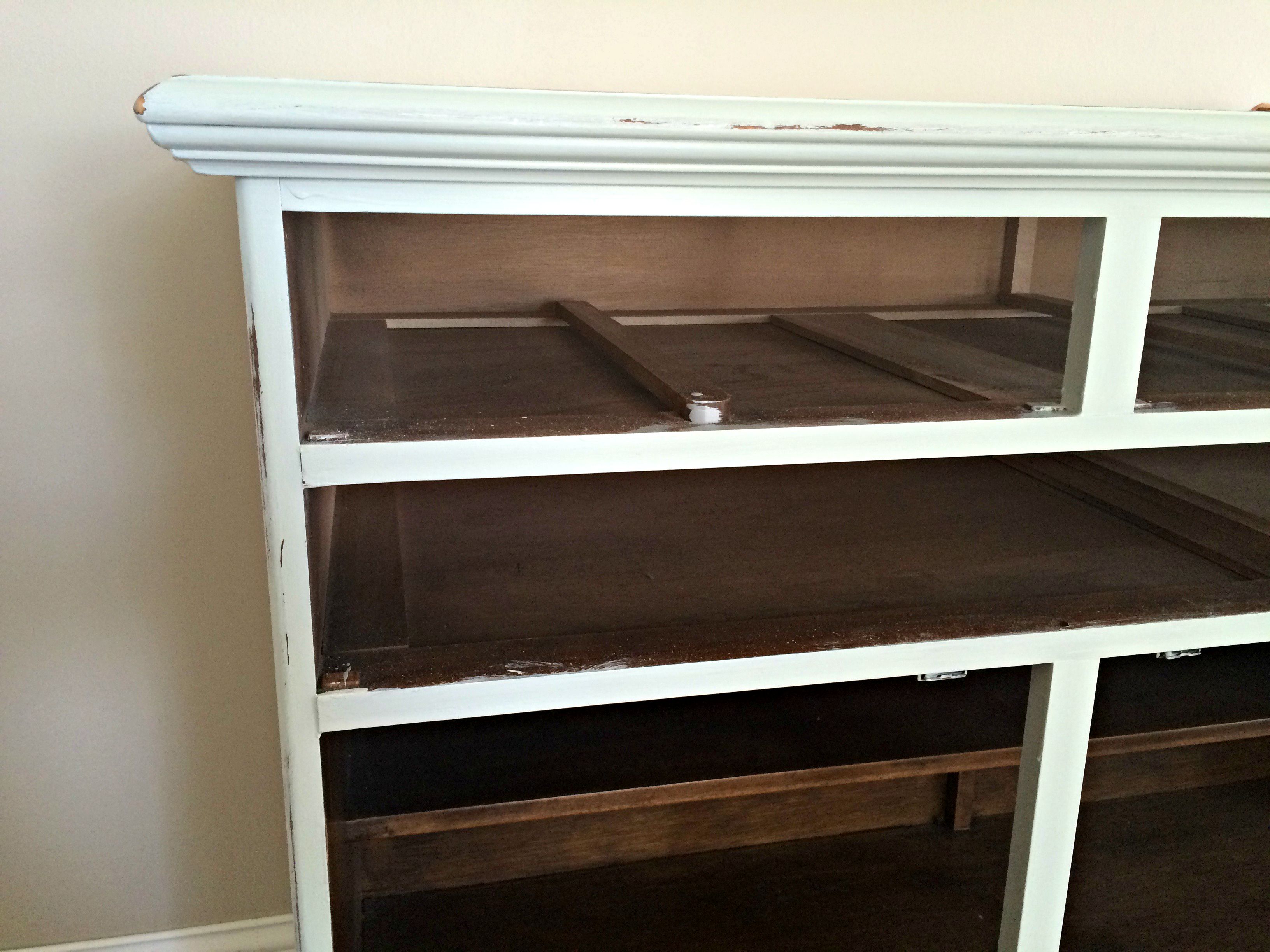How To Paint And Distress A Wood Hutch Sanding Base Corners