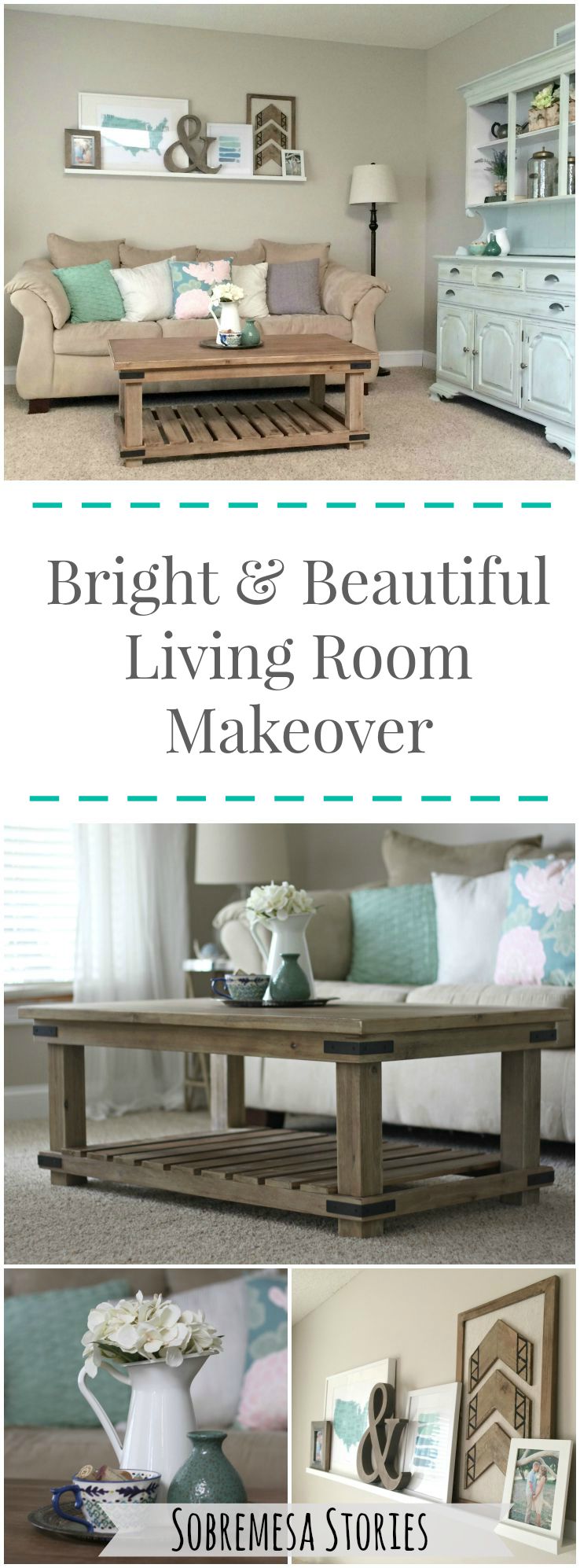 Bright And Beautiful Living Room Reveal With Rustic Wood Accents And White, Blues, And Greens - Sobremesa Stories Blog