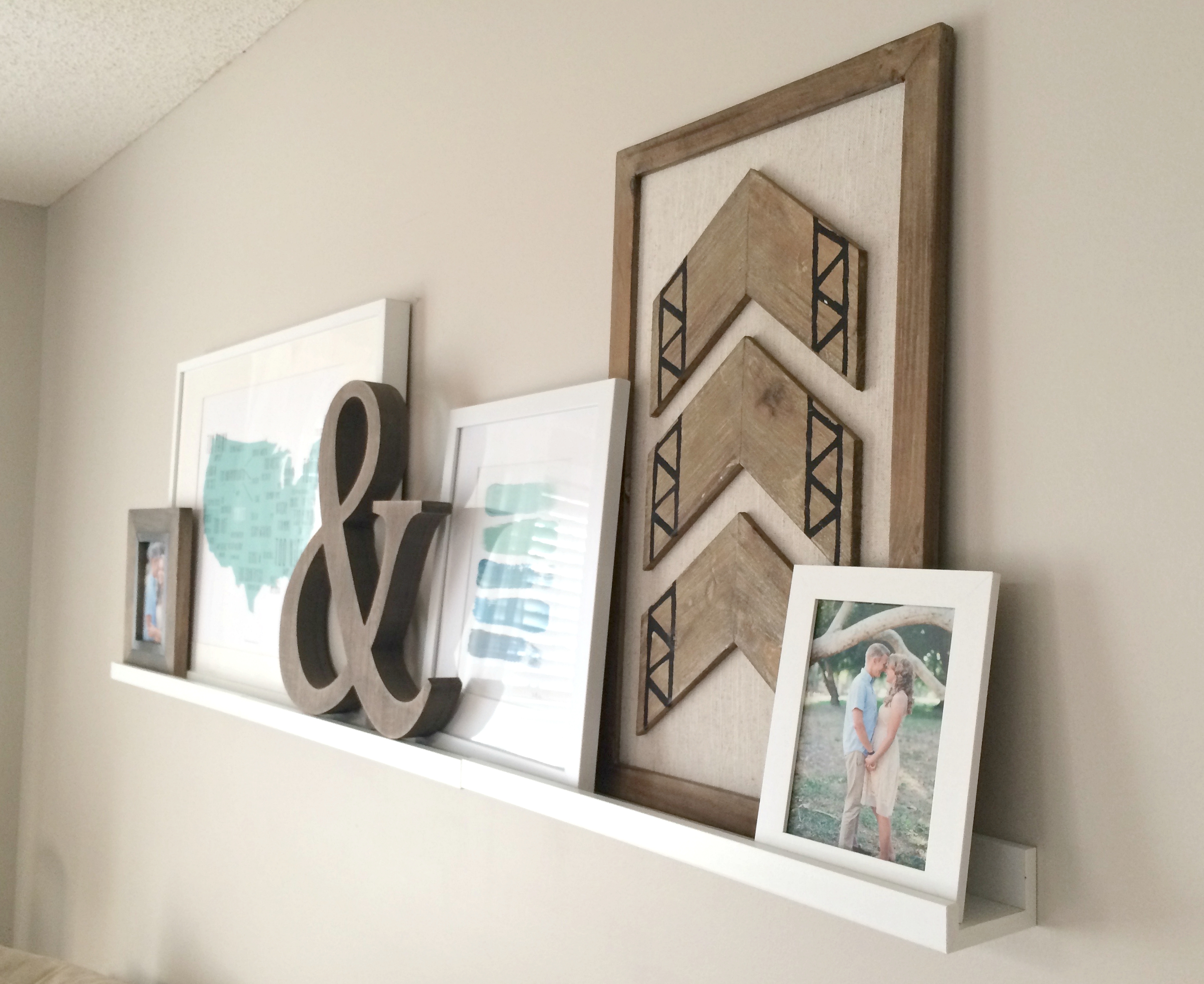 Front Room Reveal Full View, Coastal Blues and Greens With Rustic Wood and White, Painted Hutch