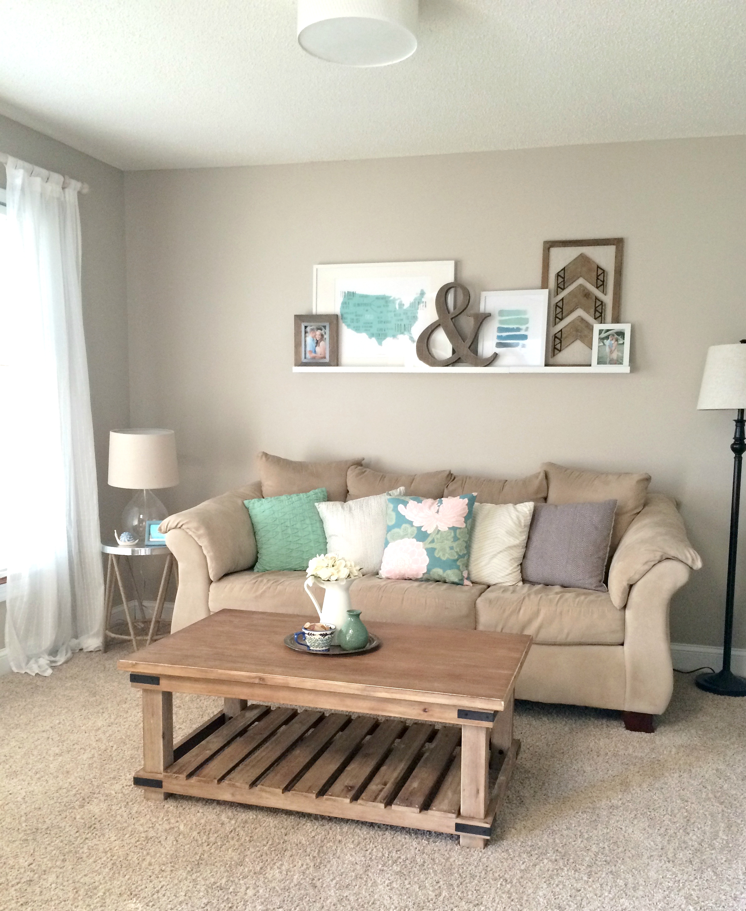 Front Room Reveal Full View, Coastal Blues and Greens With Rustic Wood and White, Painted Hutch