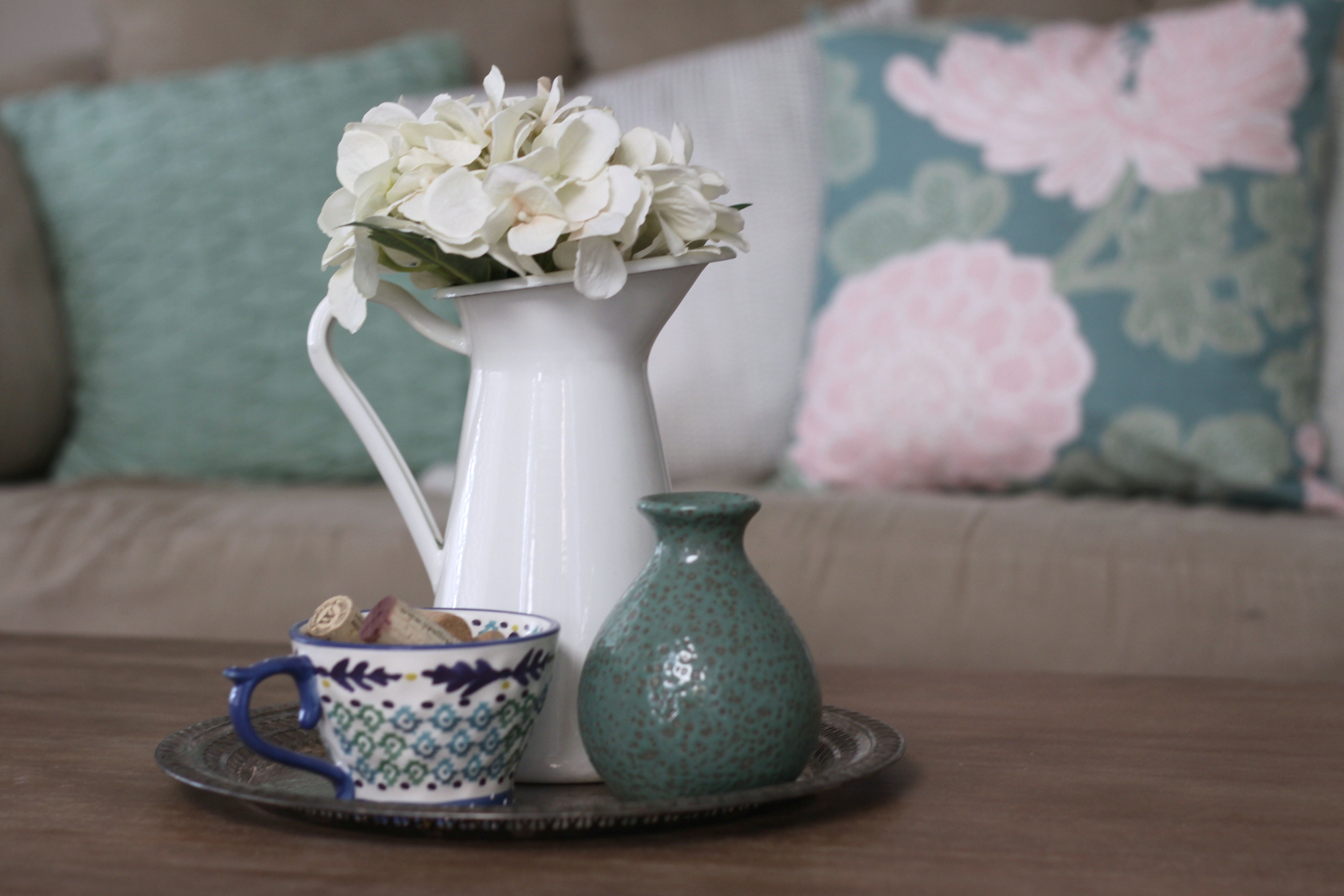 Front Room Reveal Full View, Coastal Blues and Greens With Rustic Wood and White, Painted Hutch