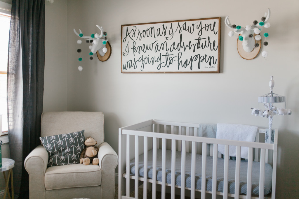 Caleb's Rustic Neutral Nursery Reveal With White, Gray, and Wood Accents Faux Deer Heads With Pom Pom Garland
