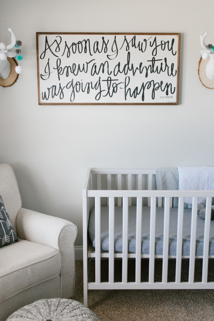 Caleb's Rustic Neutral Nursery Reveal With White, Gray, and Wood Accents House of Belonging Adventure Sign