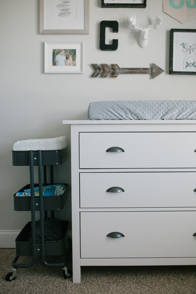 Caleb's Rustic Neutral Nursery Reveal With White, Gray, and Wood Accents, Ikea Changing Table and Ikea Raskog Cart, and D Lawless Hardware