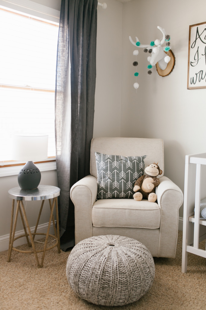 Caleb's Rustic Neutral Nursery Reveal With White, Gray, and Wood Accents, Target Glider, and Faux Deer Heads With Pom Pom Garland