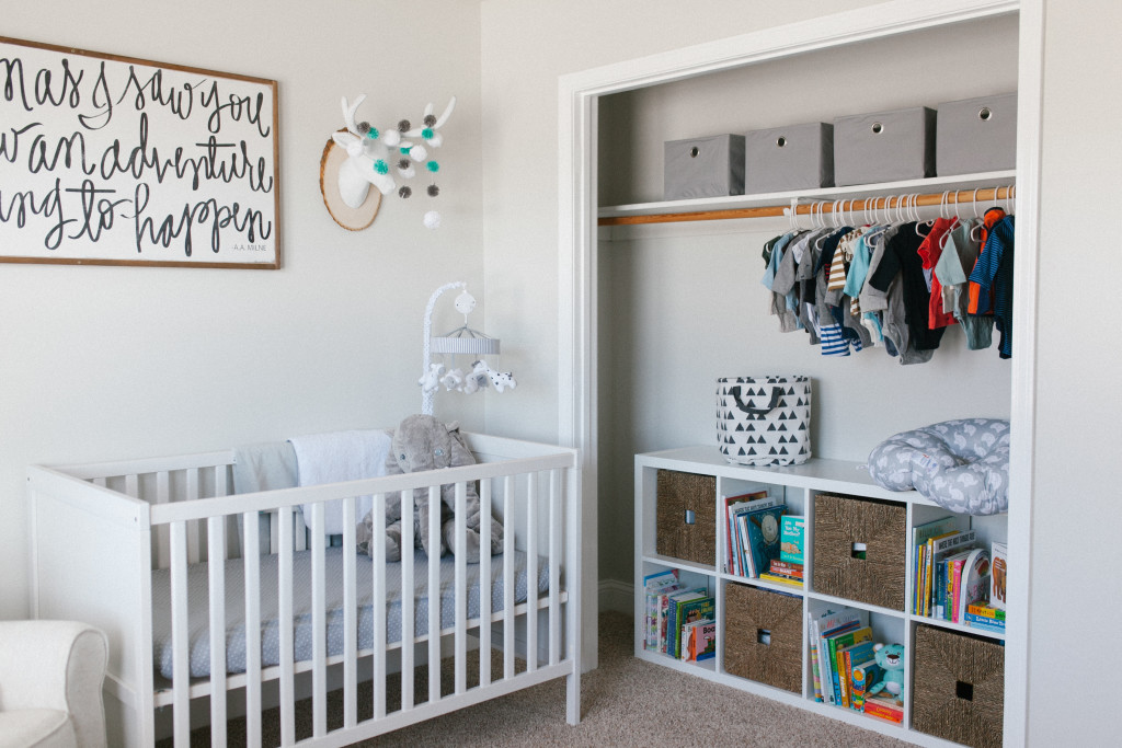Caleb's Rustic Neutral Nursery Reveal With White, Gray, and Wood Accents and Ikea Kallax Organizer in Closet