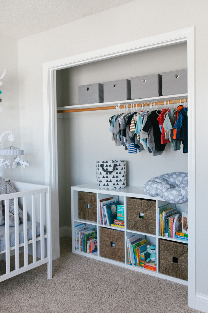 Caleb's Rustic Neutral Nursery Reveal With White, Gray, and Wood Accents and Ikea Kallax Organizer in Closet Vertical