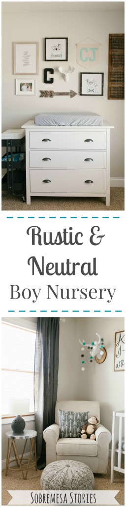 Gorgeous rustic neutral boy nursery with pops of white, gray, blue, and wood accents. So many pretty pictures!